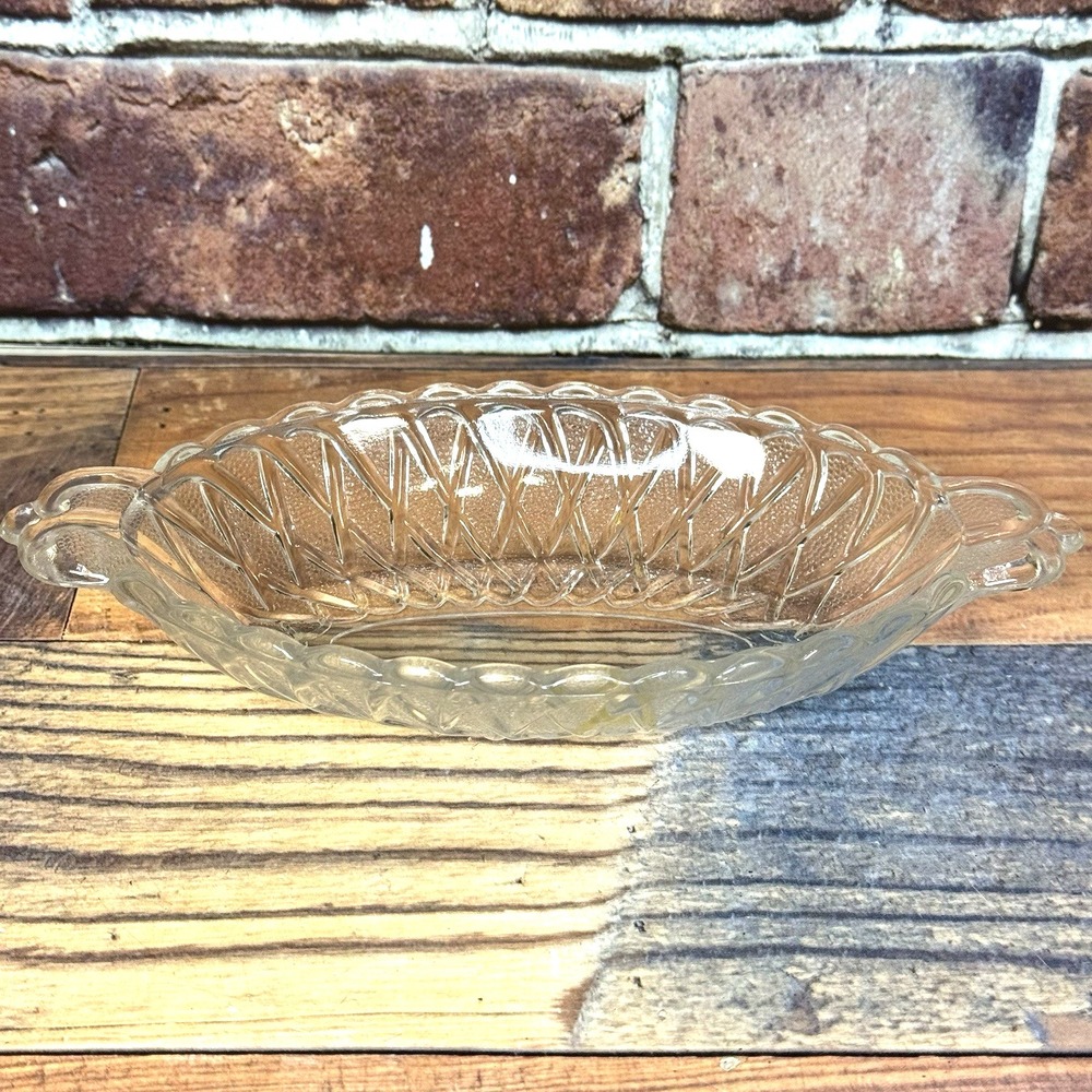 Vtg MCM Indiana Glass Clear Pretzel Glass Oblong Pickle Dish Handles Basketweave